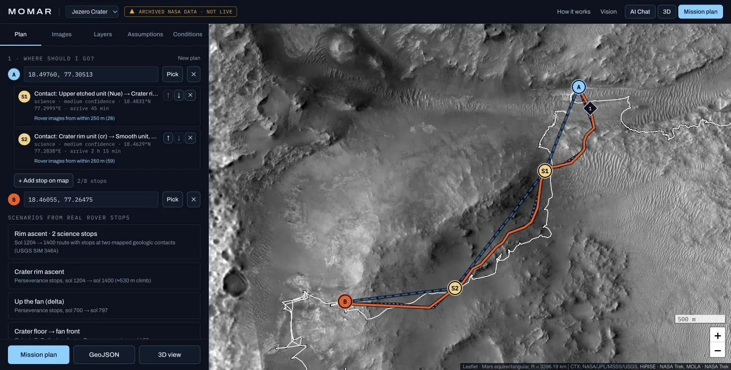 MOMAR planner: CTX imagery of the Jezero crater rim with a blue dashed shortest route and an orange lower-risk route through two science stops.